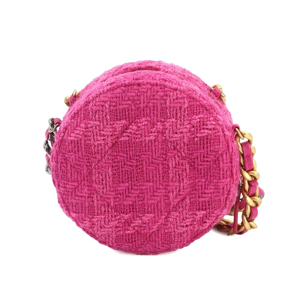 CHANEL 19 Round Clutch Chain Shoulder Bag Tweed Leather Pink