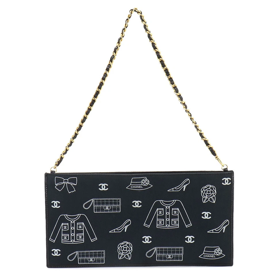 CHANEL Icon Print Chain Shoulder Bag Canvas Leather Black Purse