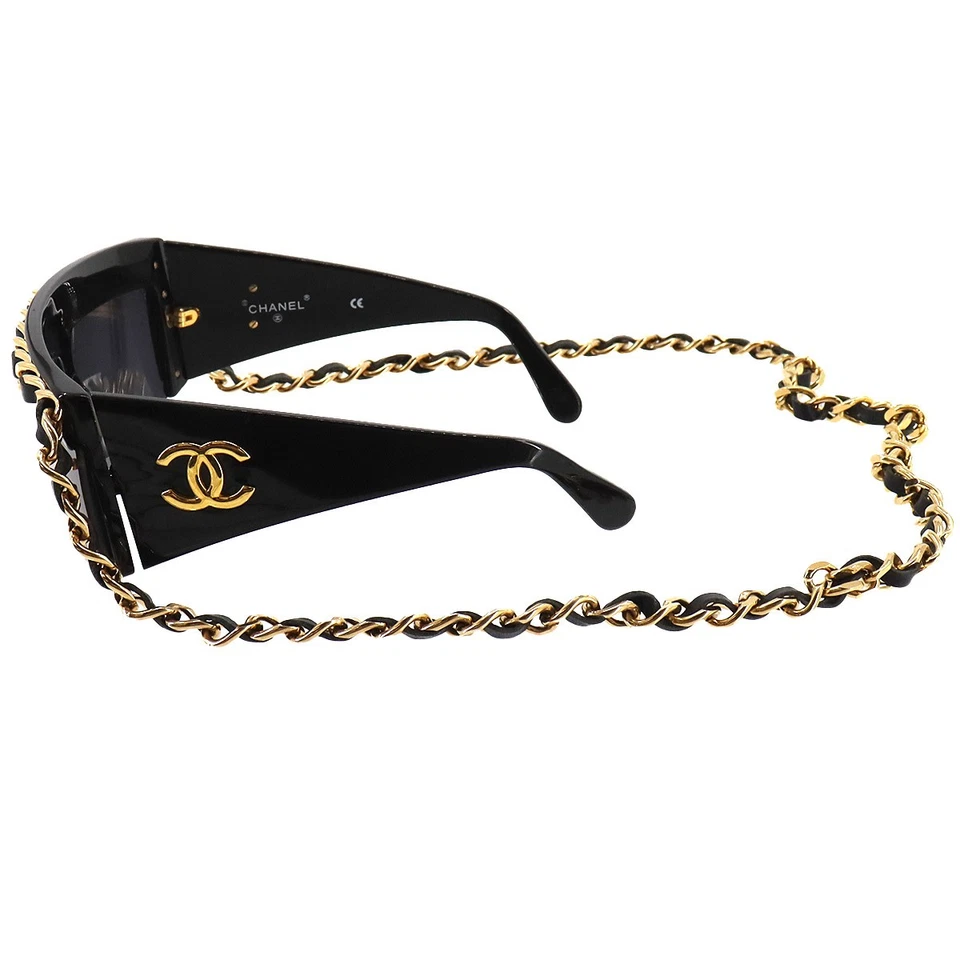 CHANEL Chain Sunglasses Eye Wear Black Gold Gray Accessory