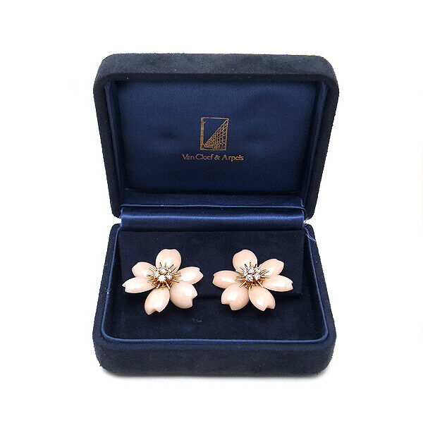 Van Cleef & Arpels Rose de Noel Small Model Coral Diamond Earrings in K18 Yellow Gold