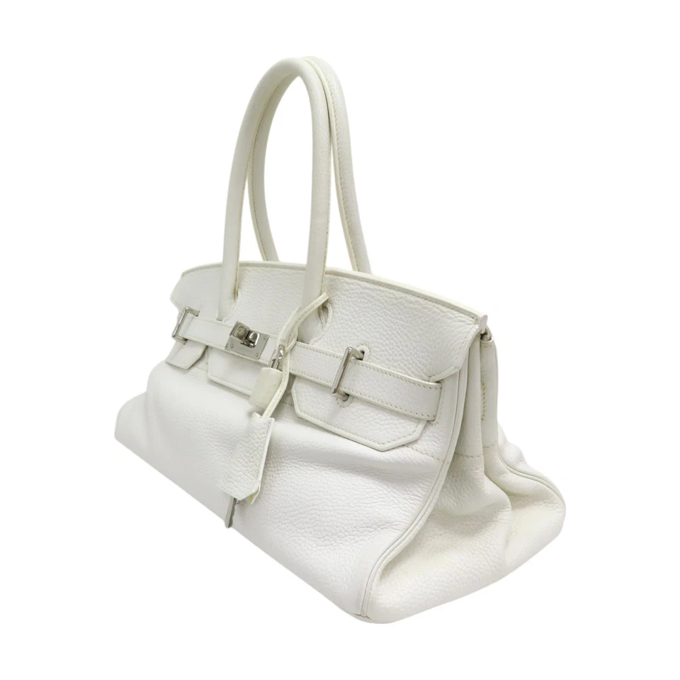 HERMES Birkin 42 Handbag Taurillon Clemence White Palladium Hardware J Stamp
