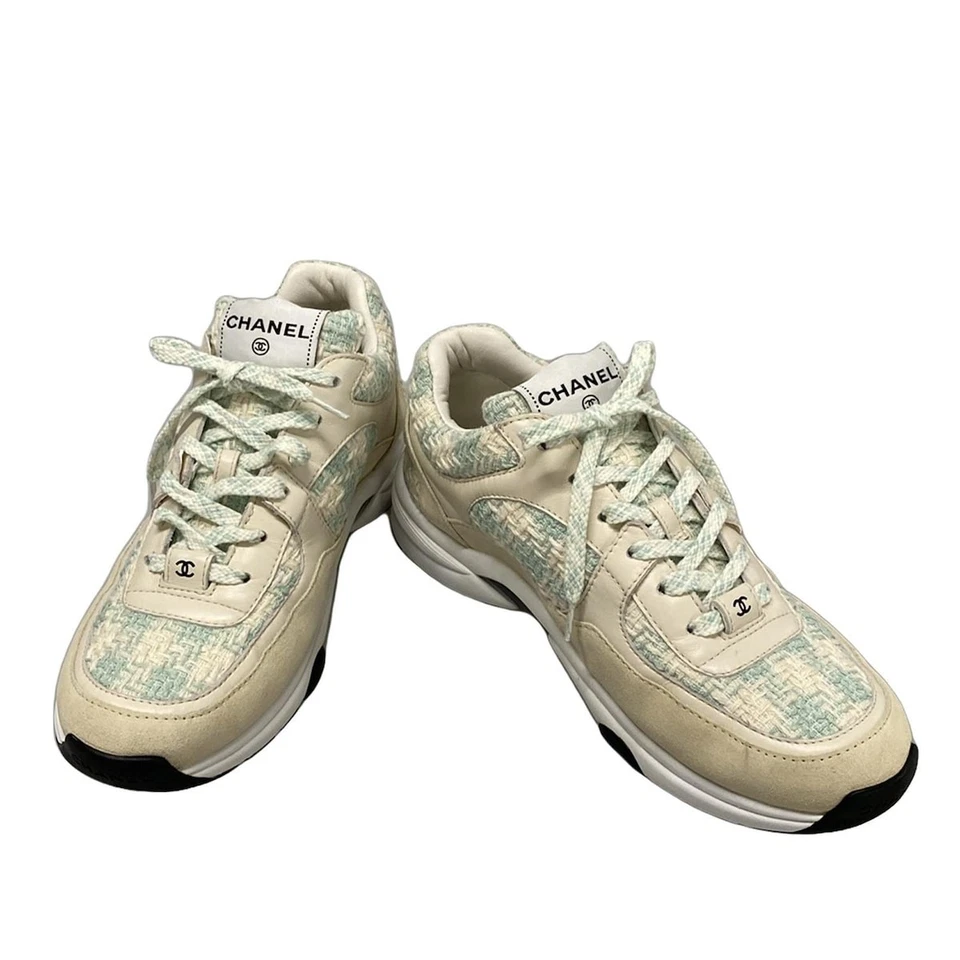 CHANEL Cream Light Green Tweeds Leather Suede Women's Sneakers