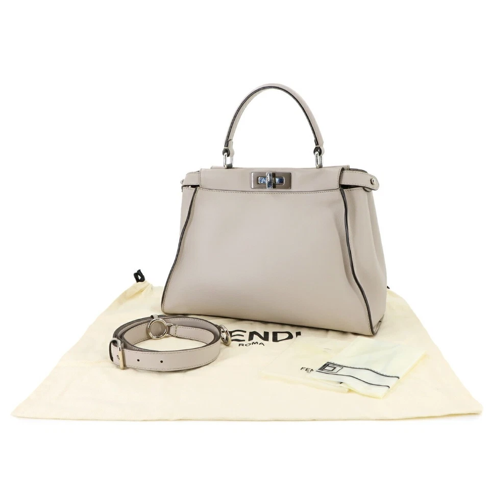 FENDI Peekaboo Regular Hand Shoulder Bag Leather Light gray