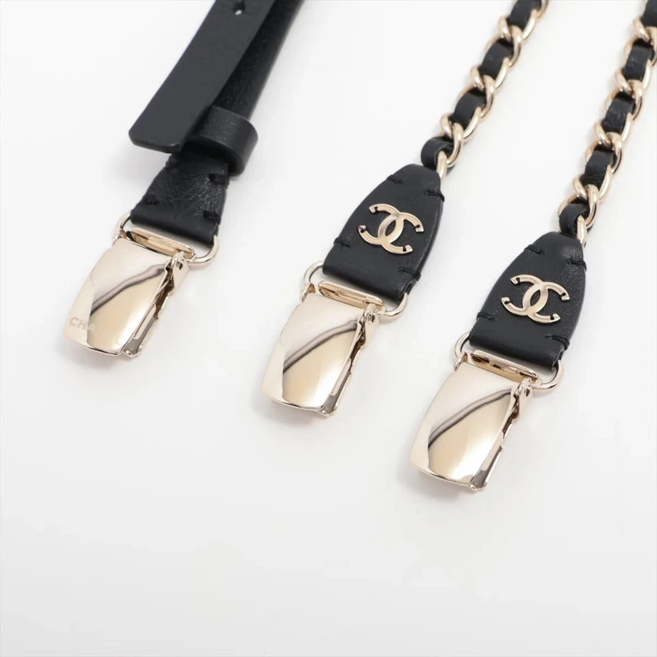 Chanel Coco Mark A21K Suspenders M GP & Leather Black×Gold