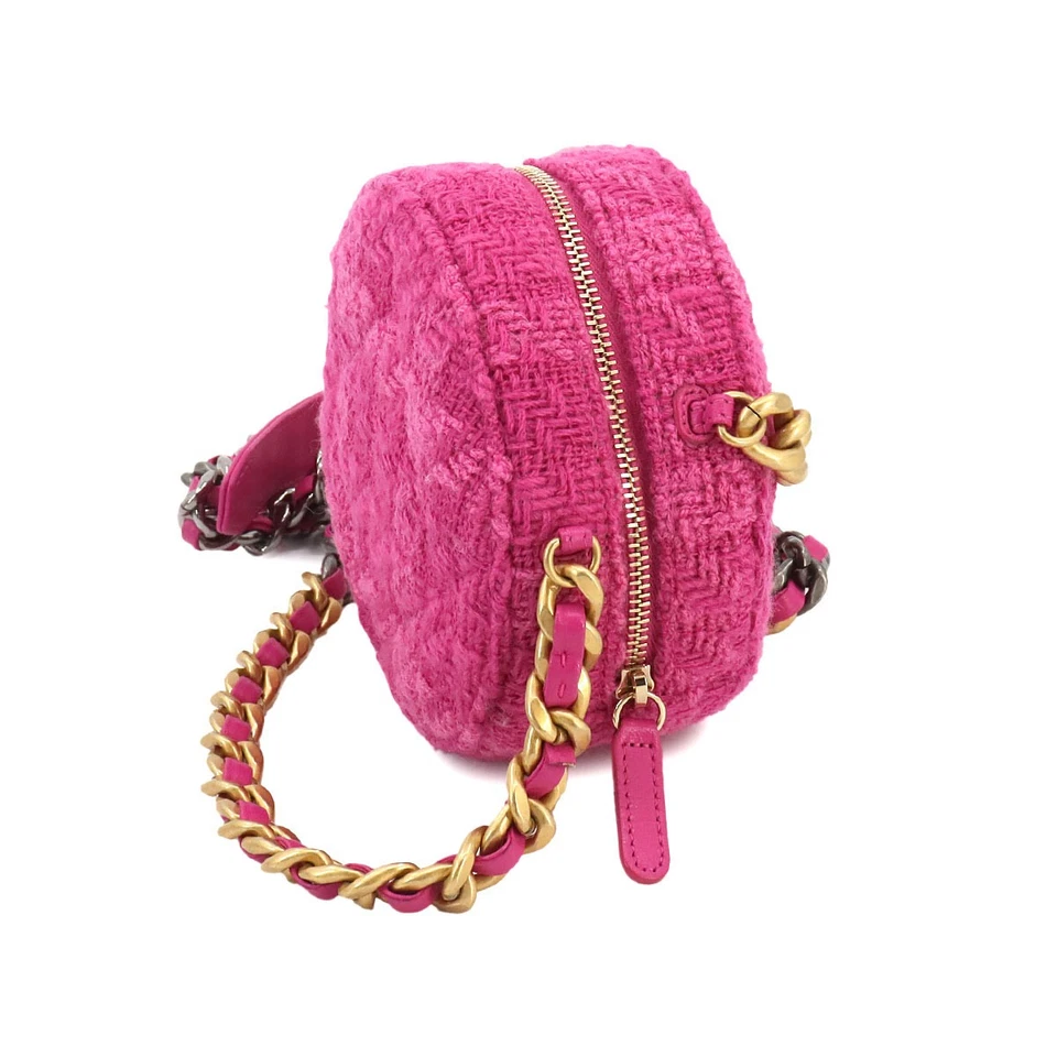 CHANEL 19 Round Clutch Chain Shoulder Bag Tweed Leather Pink