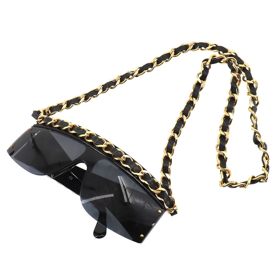 CHANEL Chain Sunglasses Eye Wear Black Gold Gray Accessory