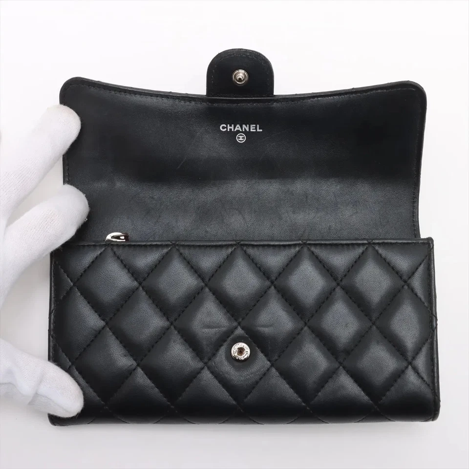 Chanel Matelasse Lambskin Long Wallet Black Silver Metal Fittings