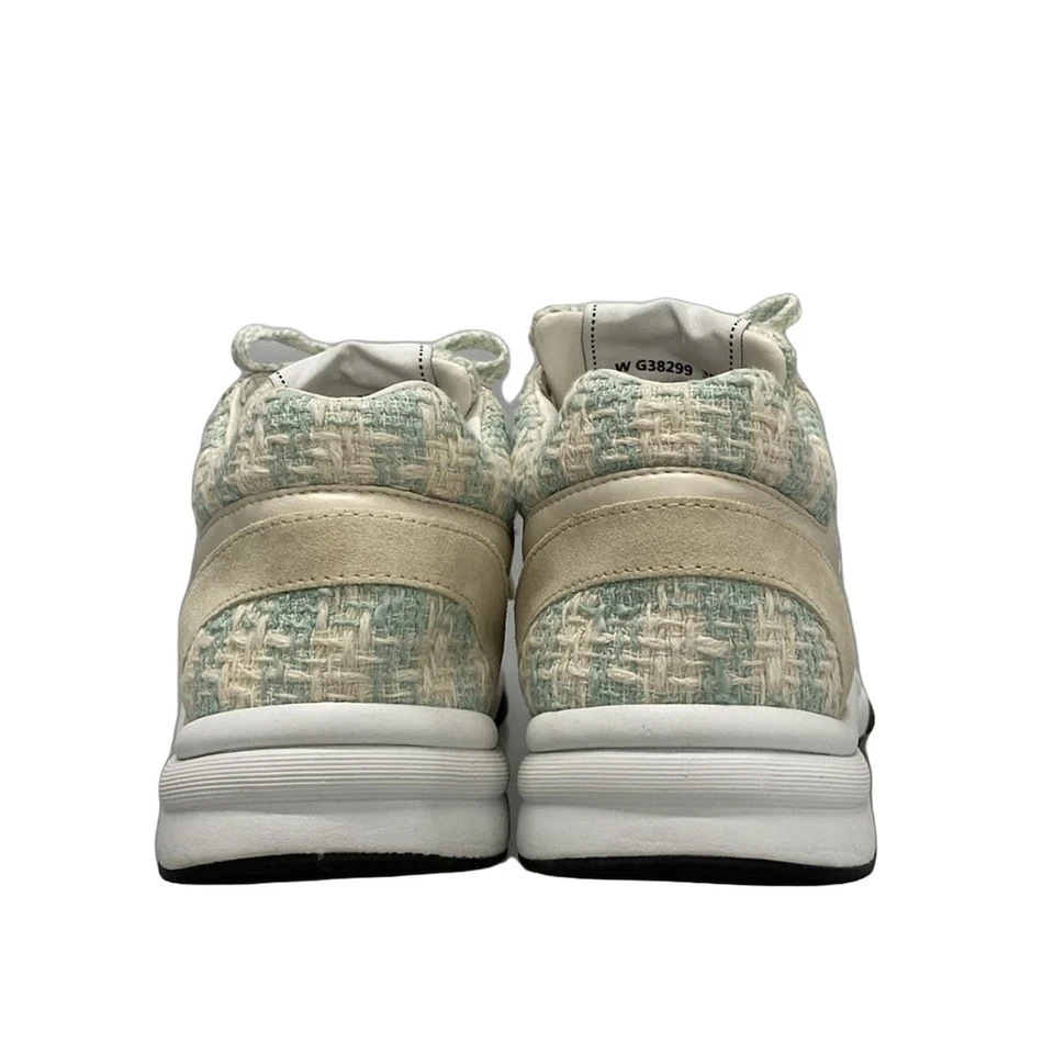CHANEL Cream Light Green Tweeds Leather Suede Women's Sneakers