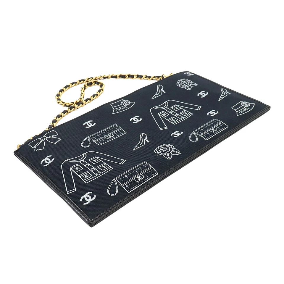 CHANEL Icon Print Chain Shoulder Bag Canvas Leather Black Purse