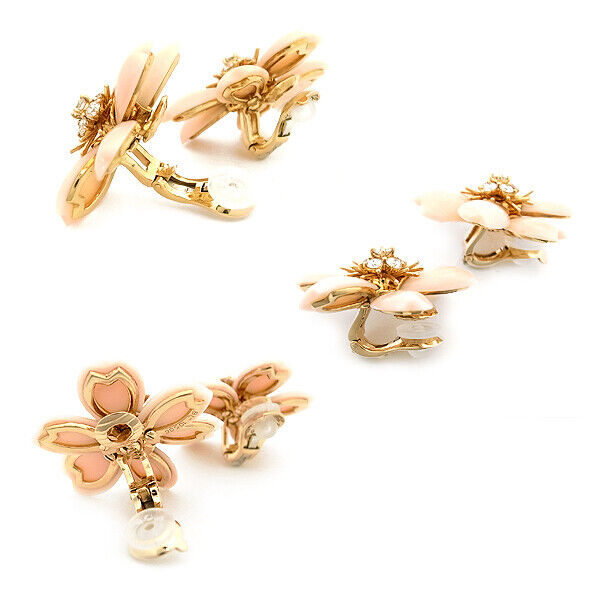 Van Cleef & Arpels Rose de Noel Small Model Coral Diamond Earrings in K18 Yellow Gold