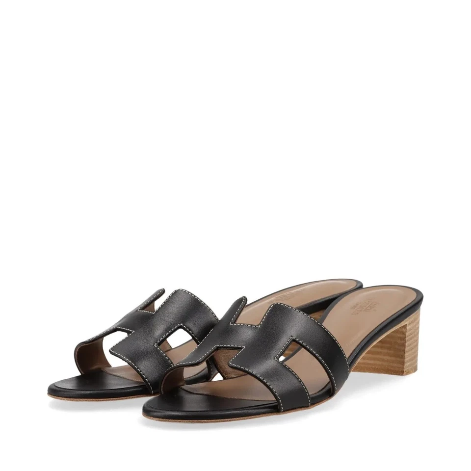 Hermès OASIS Leather Sandals 37.5 Ladies' Black