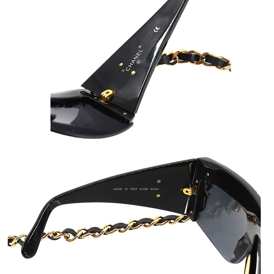 CHANEL Chain Sunglasses Eye Wear Black Gold Gray Accessory