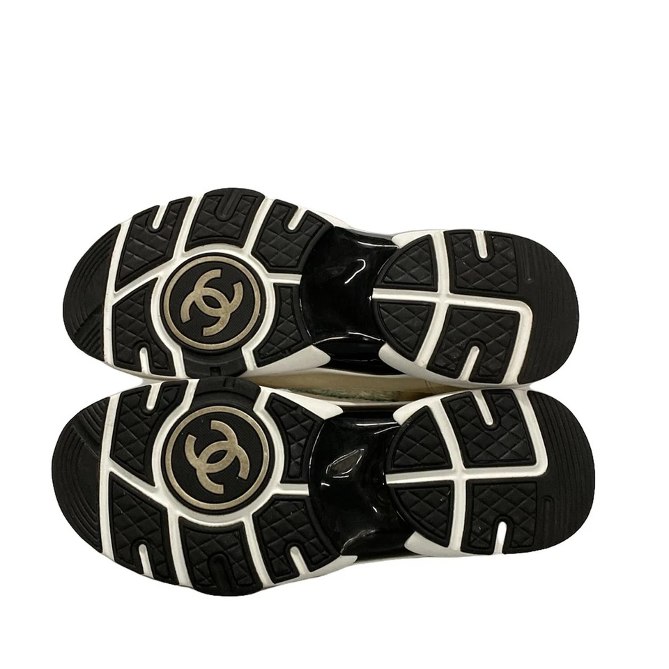 CHANEL Cream Light Green Tweeds Leather Suede Women's Sneakers