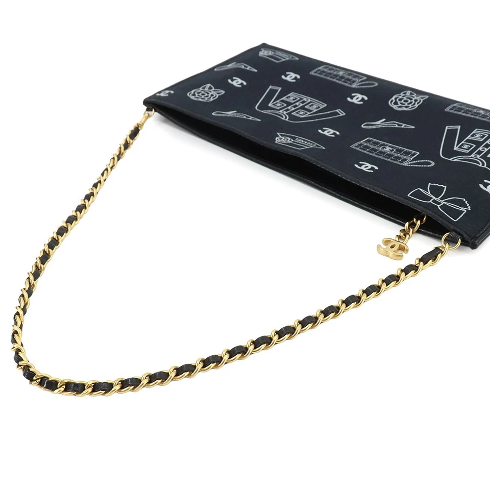 CHANEL Icon Print Chain Shoulder Bag Canvas Leather Black Purse