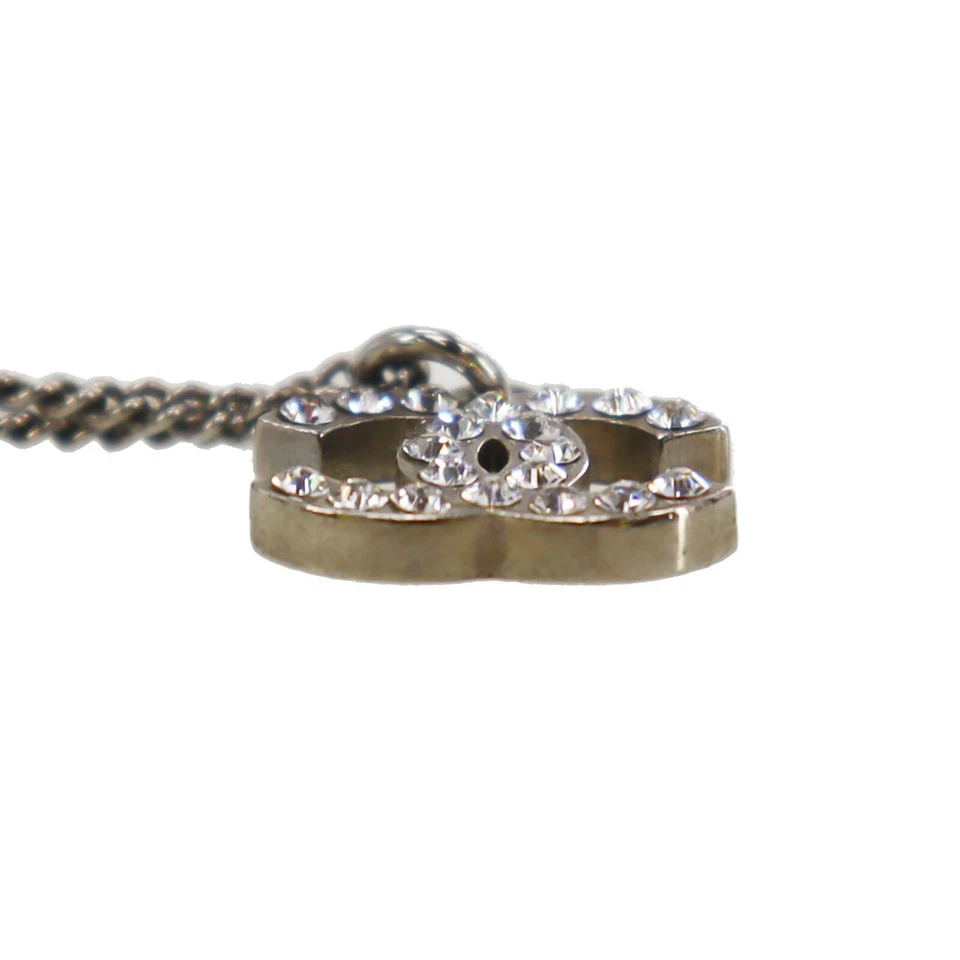 CHANEL Used CC Logos Rhinestones Necklace Pendant Silver F12 W France
