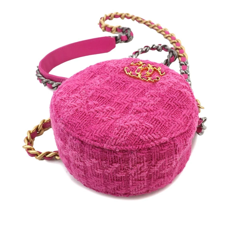 CHANEL 19 Round Clutch Chain Shoulder Bag Tweed Leather Pink