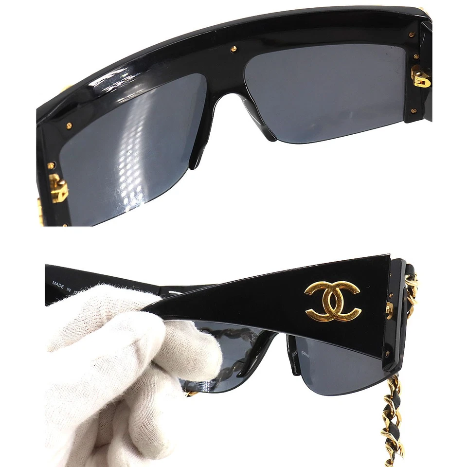 CHANEL Chain Sunglasses Eye Wear Black Gold Gray Accessory