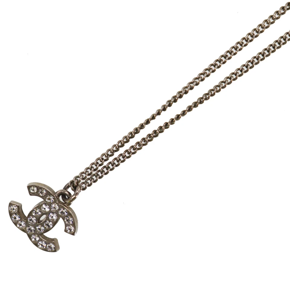 CHANEL Used CC Logos Rhinestones Necklace Pendant Silver F12 W France
