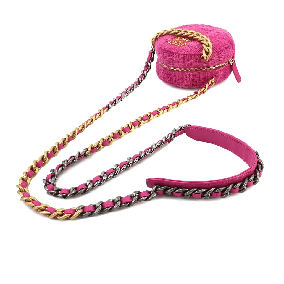CHANEL 19 Round Clutch Chain Shoulder Bag Tweed Leather Pink