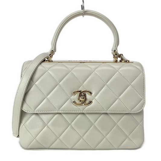 CHANEL 2-WAY Logo Plate Chain Shoulder Gold Hardware Light gray