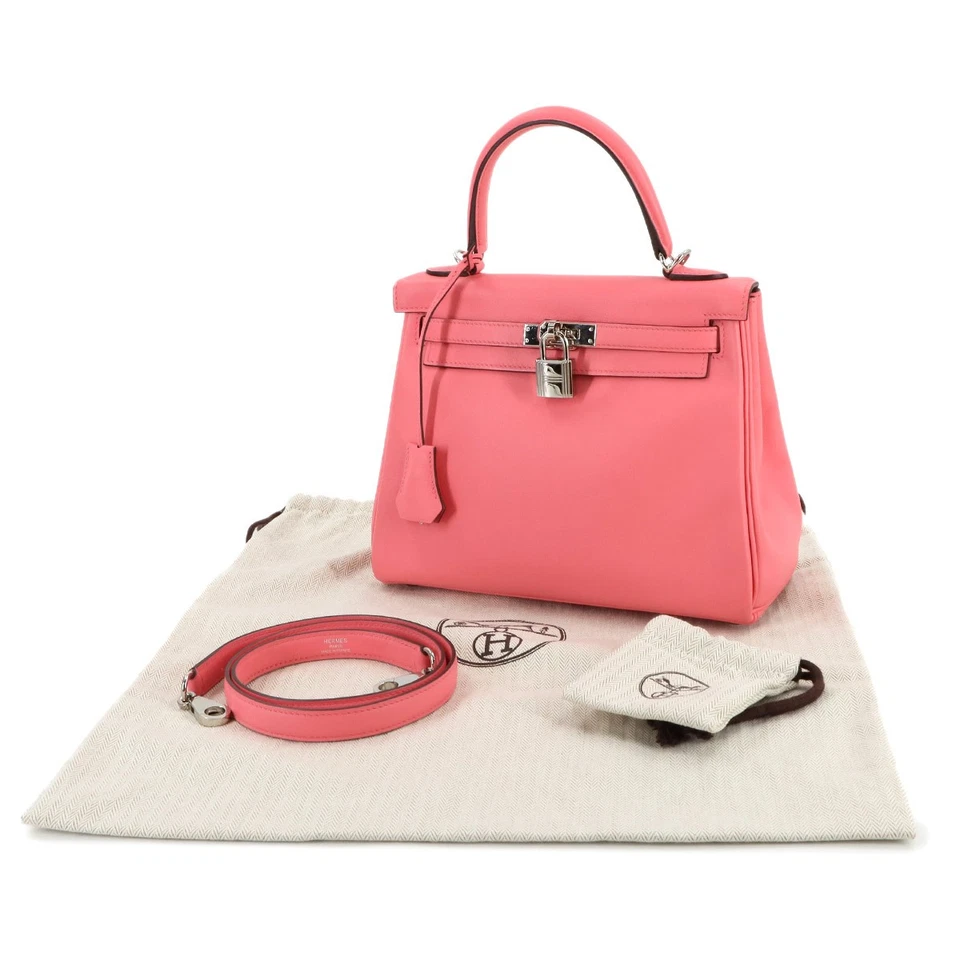 HERMES Kelly 25 2way Hand Shoulder Bag Swift Leather Rose Dete Pink