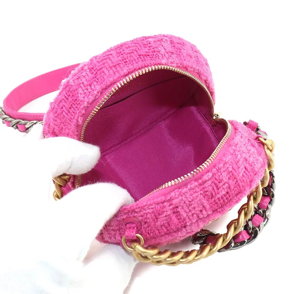 CHANEL 19 Round Clutch Chain Shoulder Bag Tweed Leather Pink