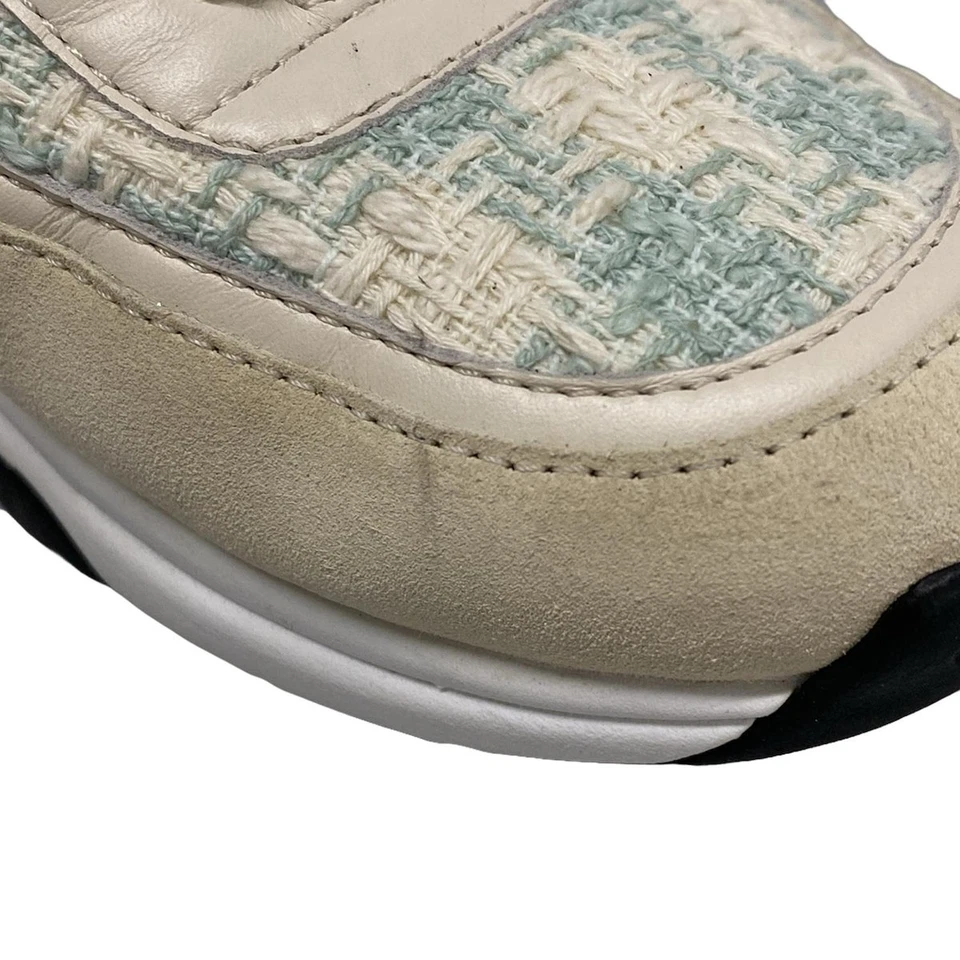 CHANEL Cream Light Green Tweeds Leather Suede Women's Sneakers