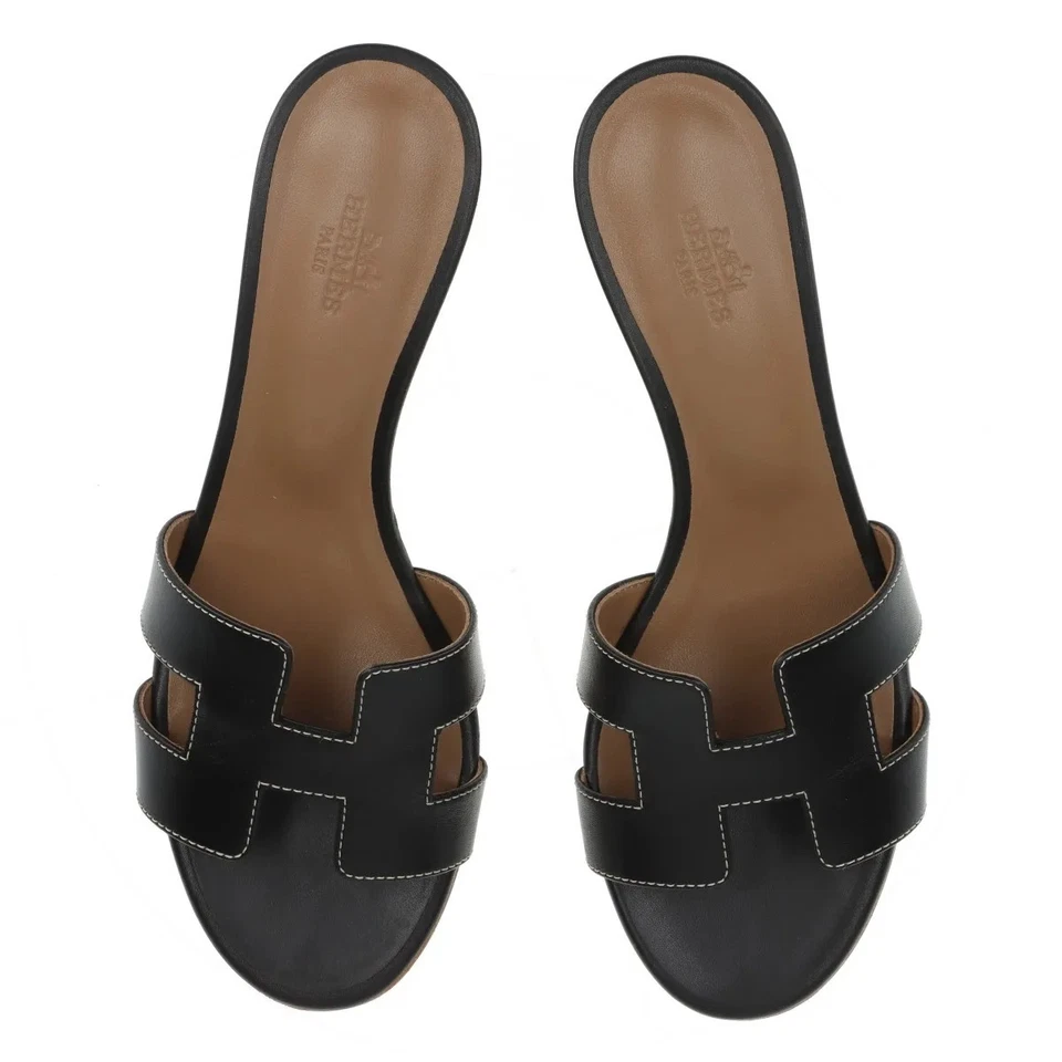 Hermès OASIS Leather Sandals 37.5 Ladies' Black