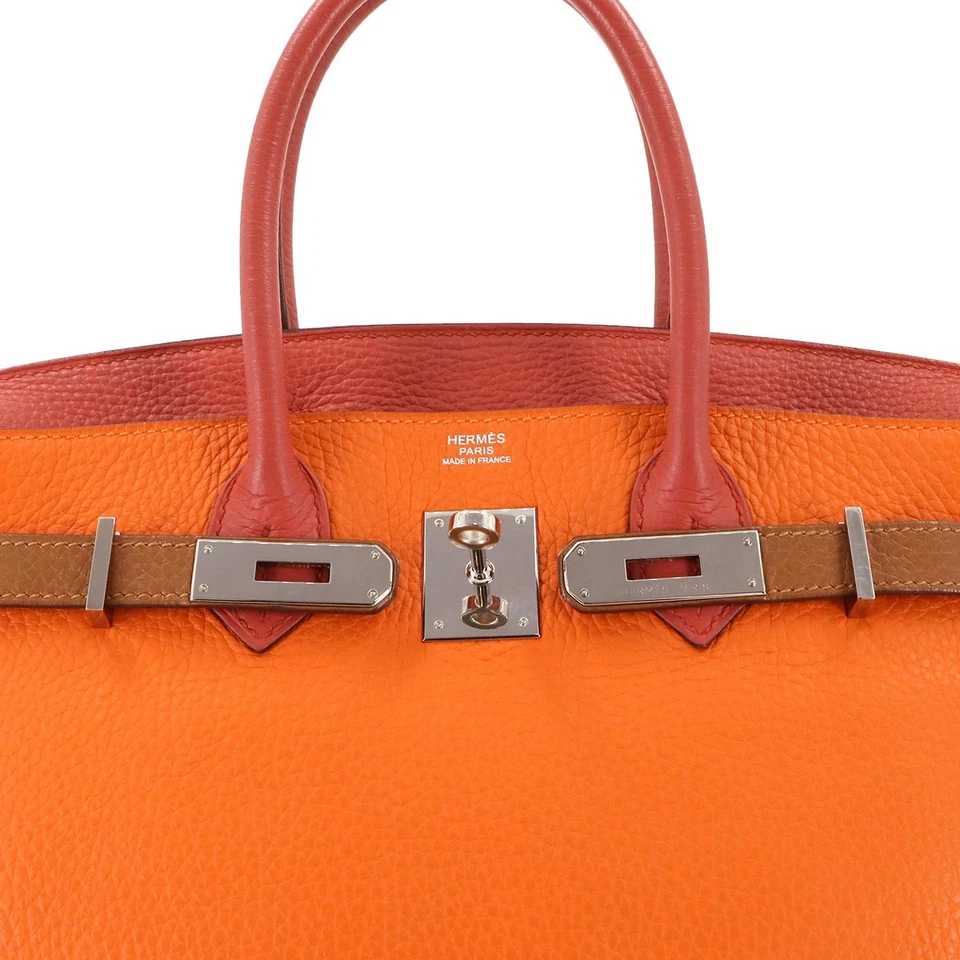 HERMES Birkin 30 Arlequin Hand Bag Taurillon Clemence Orange Etain
