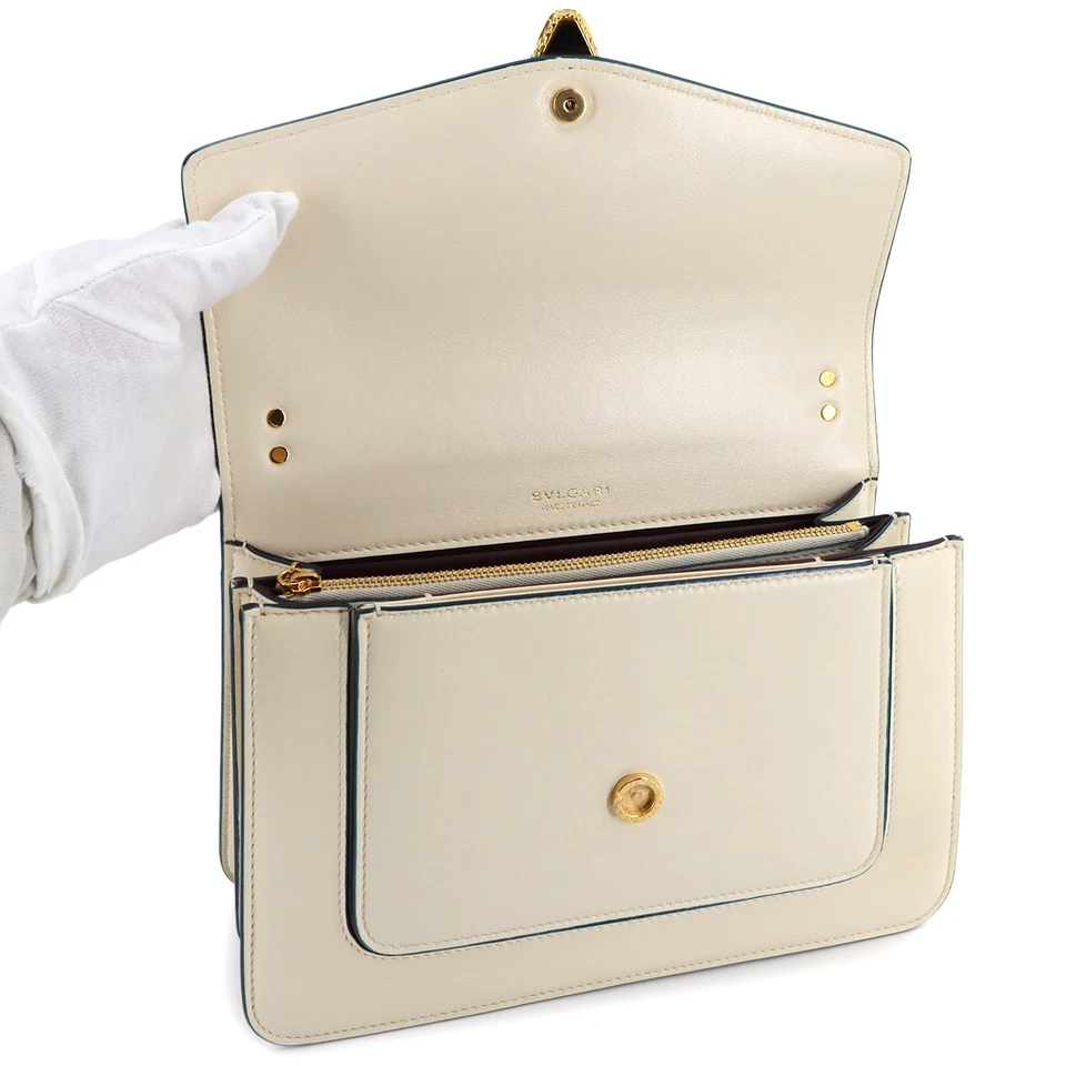 BVLGARI Serpenti Forever 2 Way Hand Chain Shoulder Bag Leather Ivory