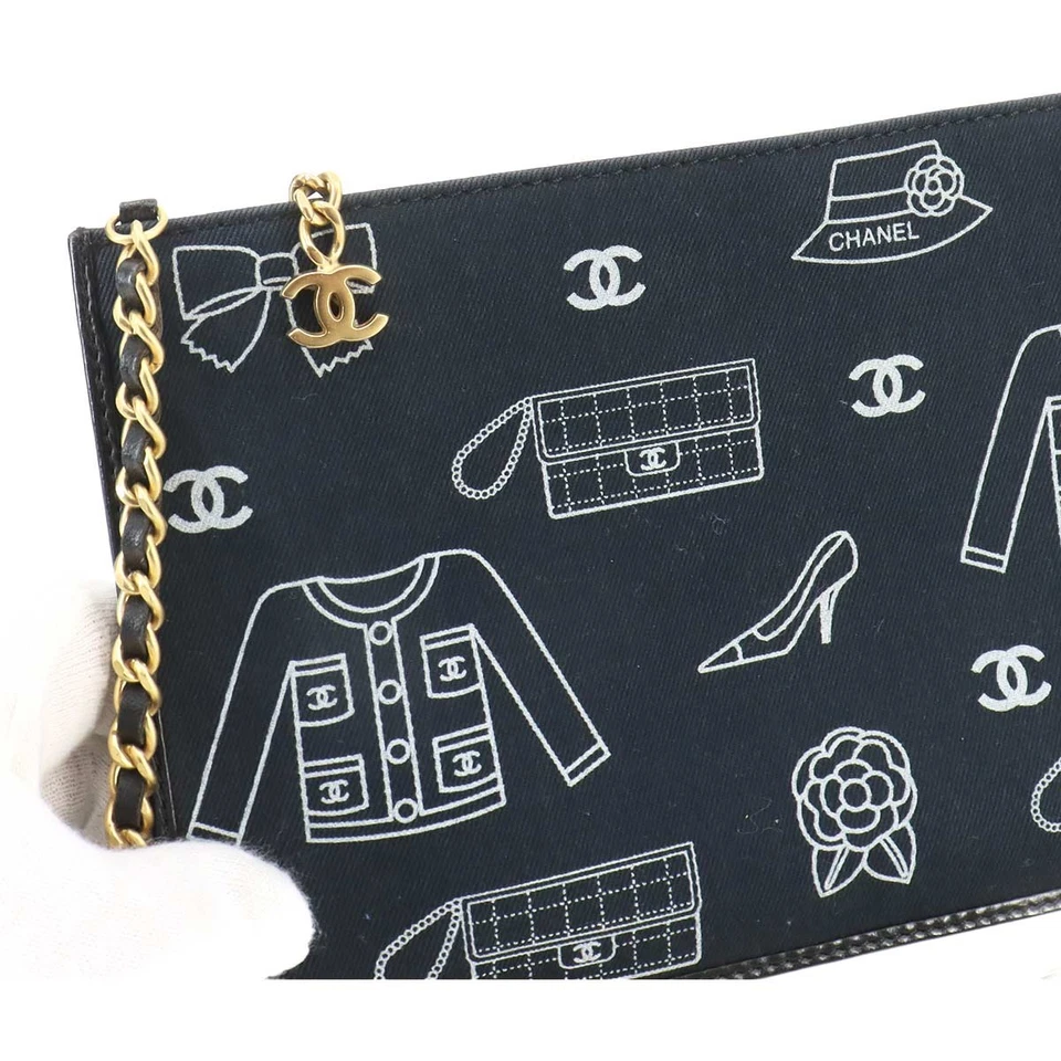CHANEL Icon Print Chain Shoulder Bag Canvas Leather Black Purse
