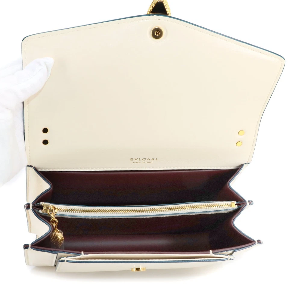 BVLGARI Serpenti Forever 2 Way Hand Chain Shoulder Bag Leather Ivory