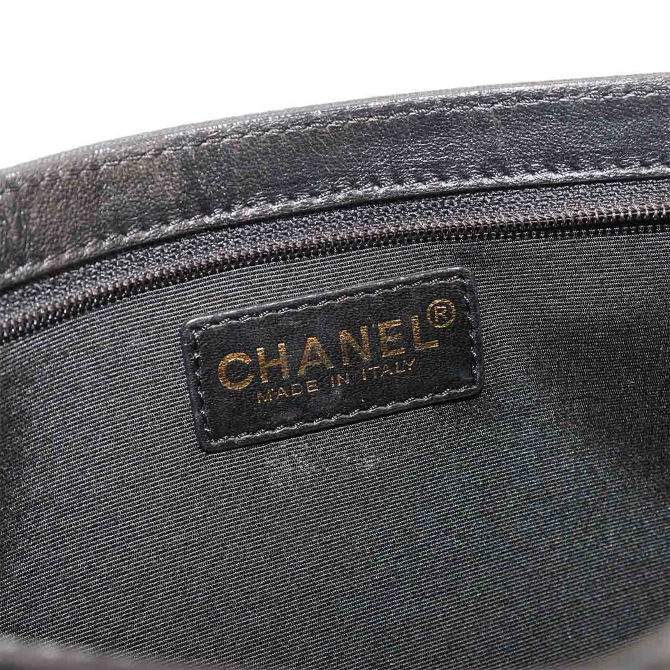 CHANEL Icon Print Chain Shoulder Bag Canvas Leather Black Purse