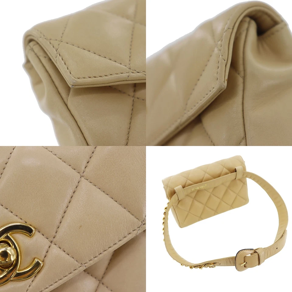 CHANEL Bum Bag Matelasse Beige Lambskin Used Belt Bag Leather
