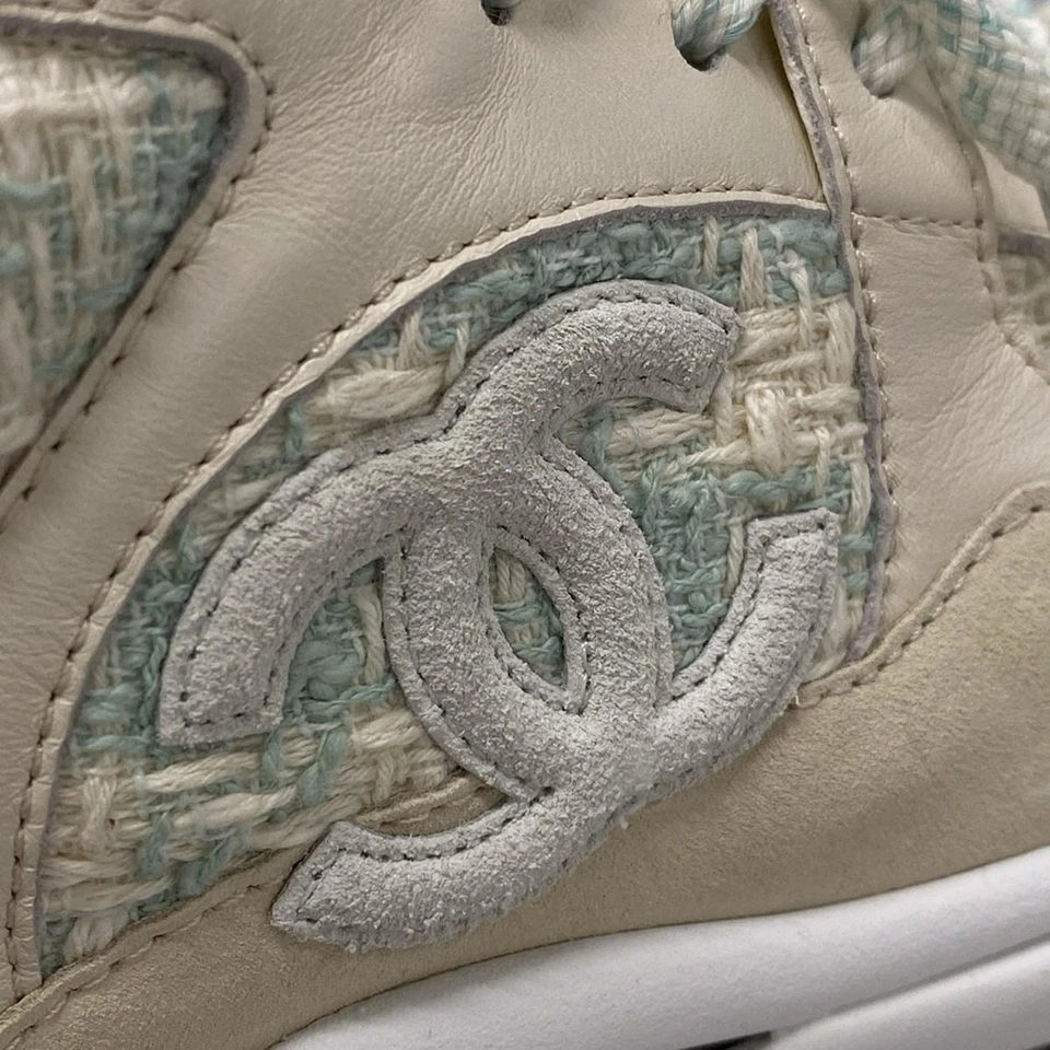 CHANEL Cream Light Green Tweeds Leather Suede Women's Sneakers