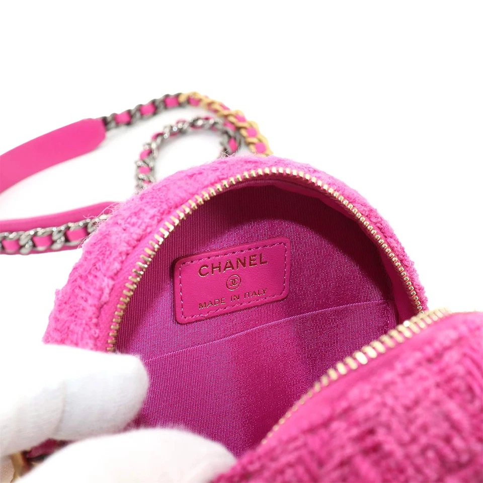 CHANEL 19 Round Clutch Chain Shoulder Bag Tweed Leather Pink