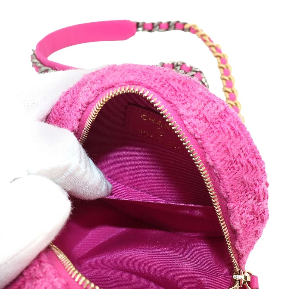 CHANEL 19 Round Clutch Chain Shoulder Bag Tweed Leather Pink