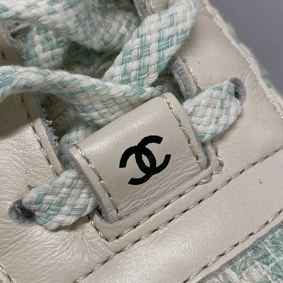 CHANEL Cream Light Green Tweeds Leather Suede Women's Sneakers