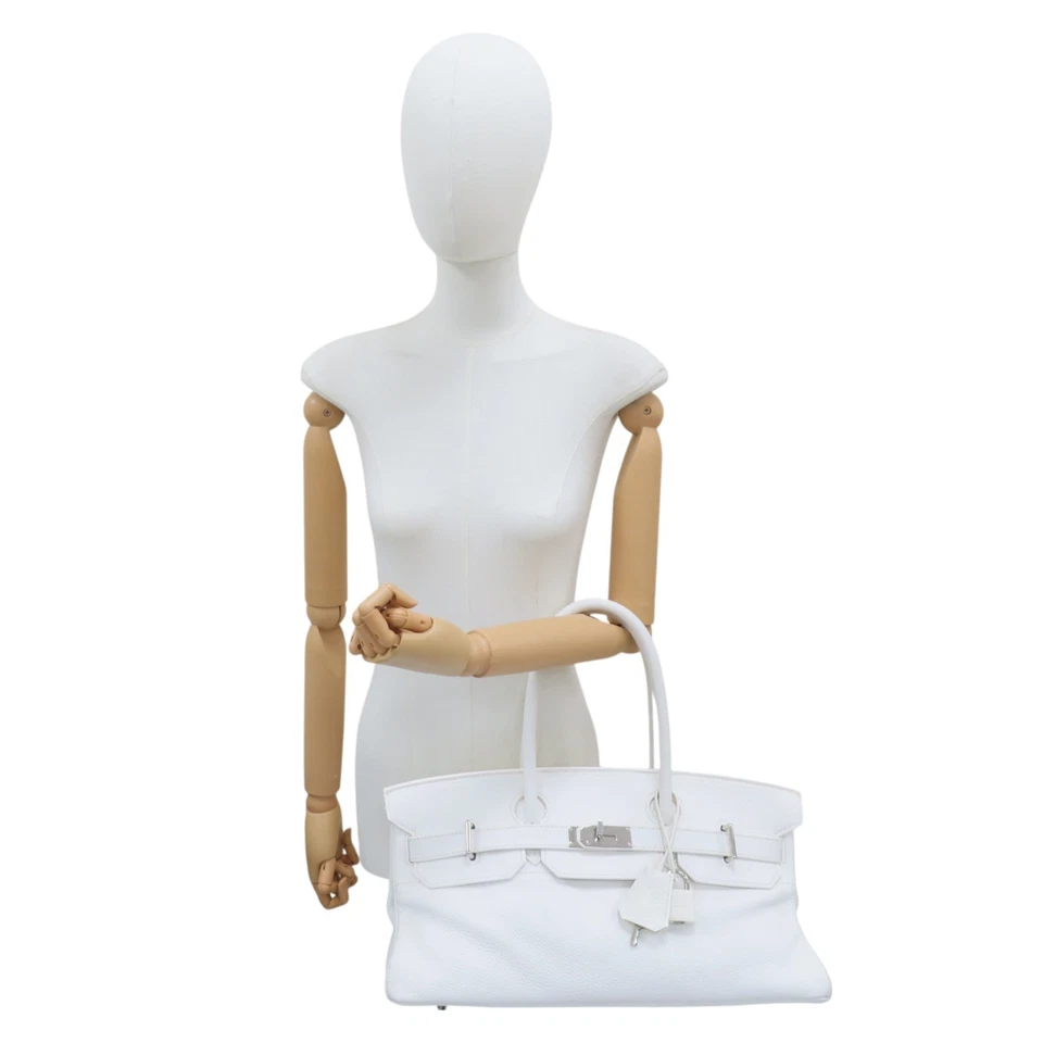 HERMES Birkin 42 Handbag Taurillon Clemence White Palladium Hardware J Stamp