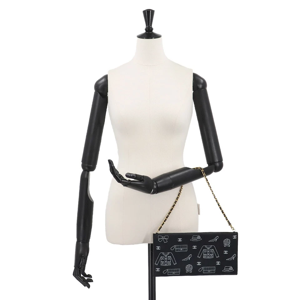 CHANEL Icon Print Chain Shoulder Bag Canvas Leather Black Purse