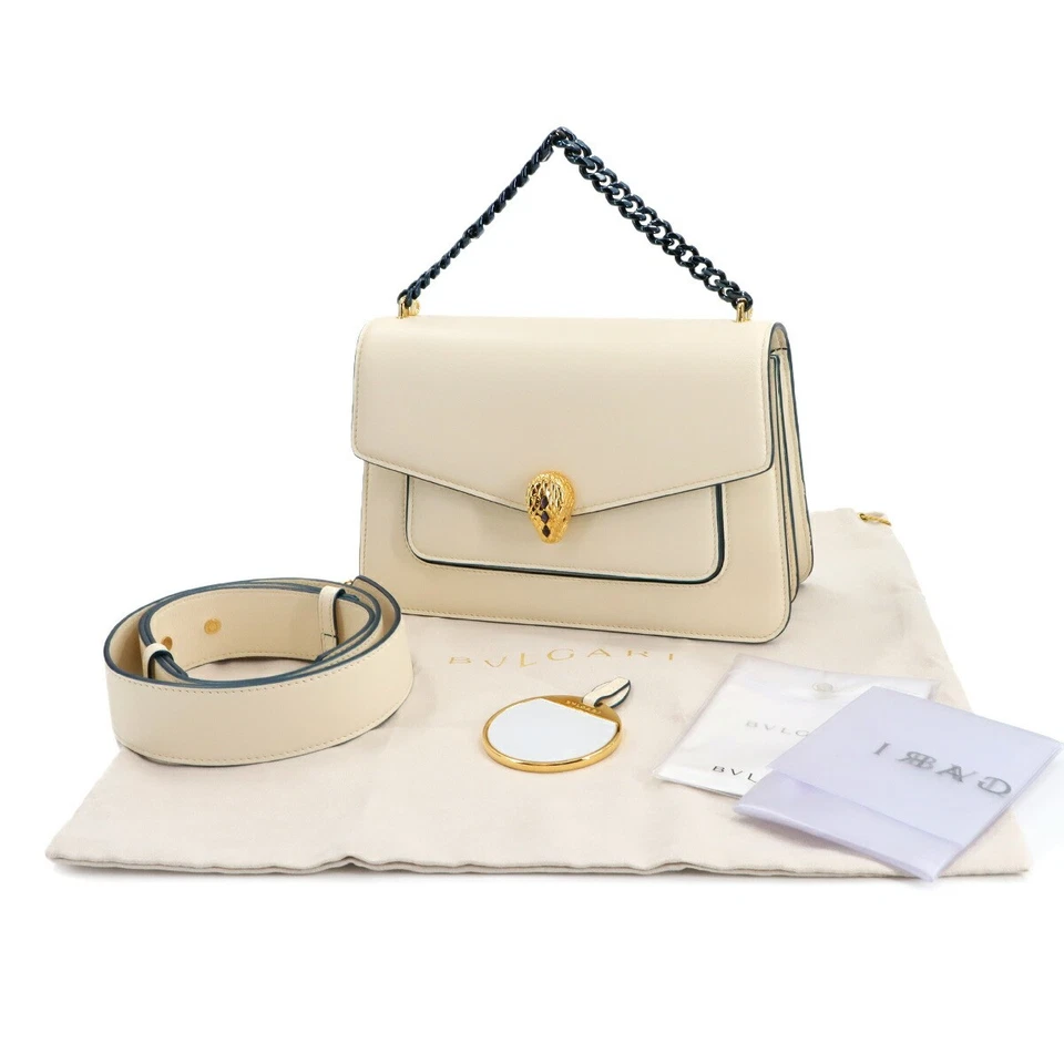 BVLGARI Serpenti Forever 2 Way Hand Chain Shoulder Bag Leather Ivory