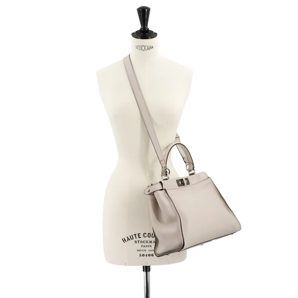 FENDI Peekaboo Regular Hand Shoulder Bag Leather Light gray