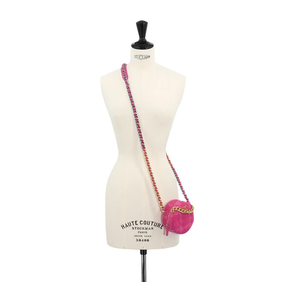 CHANEL 19 Round Clutch Chain Shoulder Bag Tweed Leather Pink