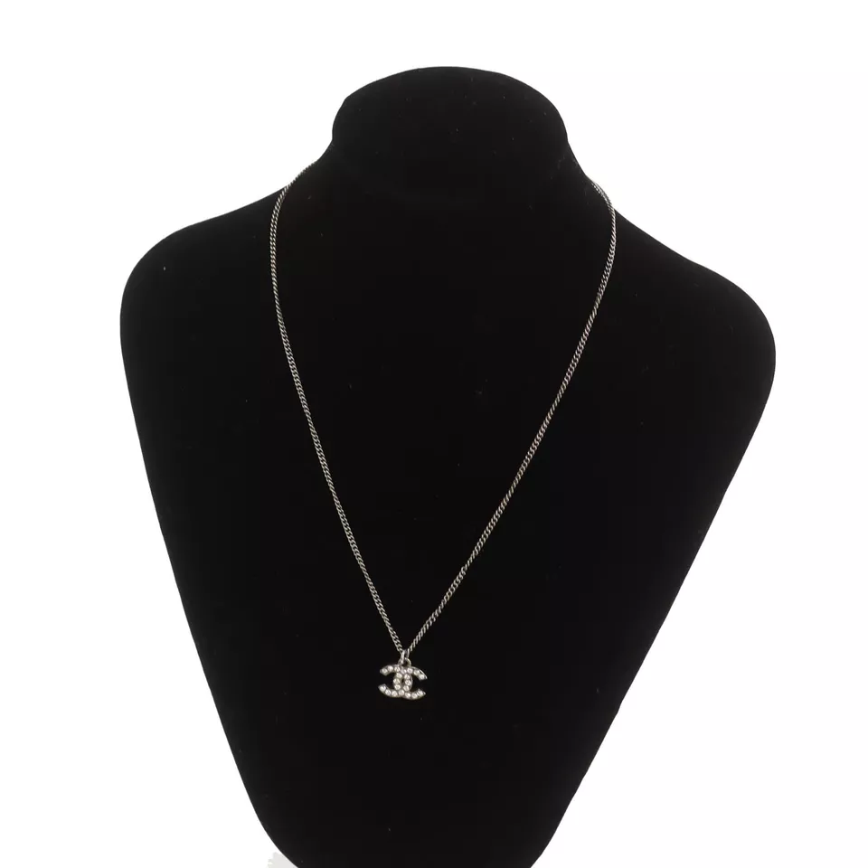 CHANEL Used CC Logos Rhinestones Necklace Pendant Silver F12 W France