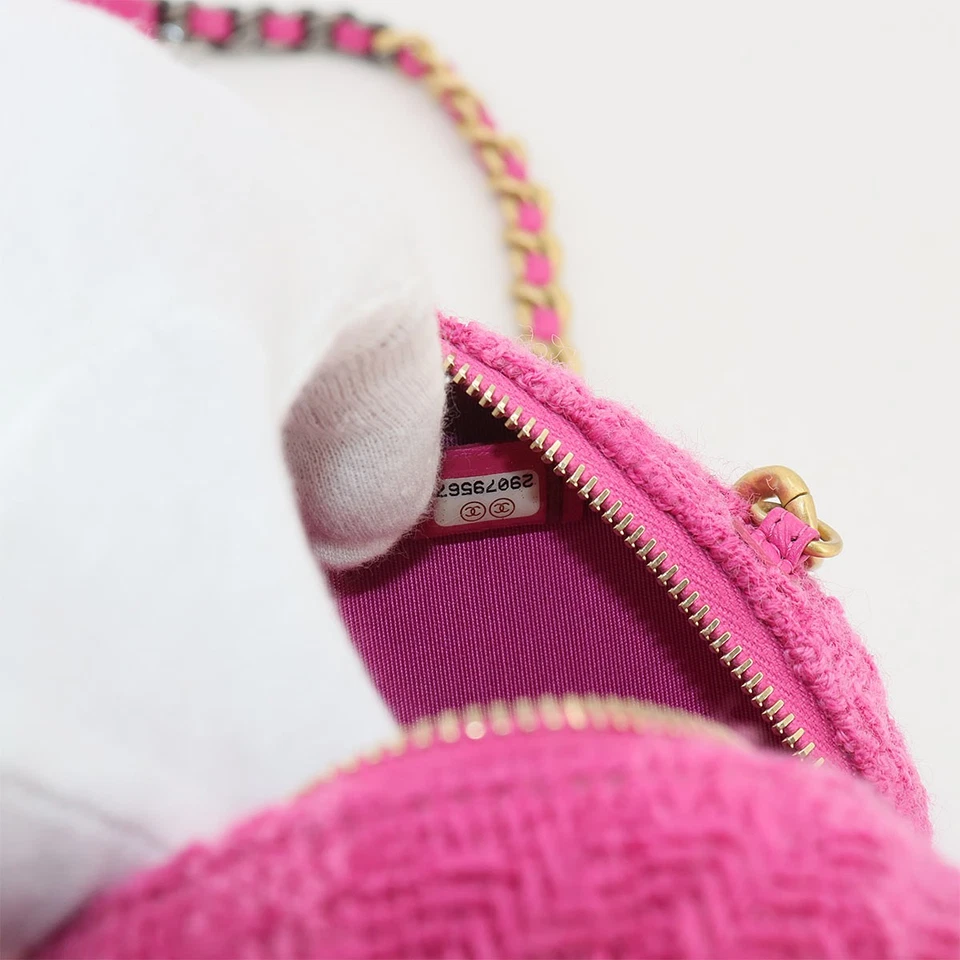 CHANEL 19 Round Clutch Chain Shoulder Bag Tweed Leather Pink