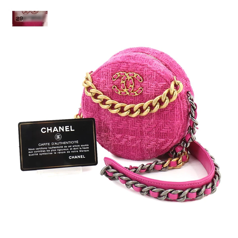 CHANEL 19 Round Clutch Chain Shoulder Bag Tweed Leather Pink