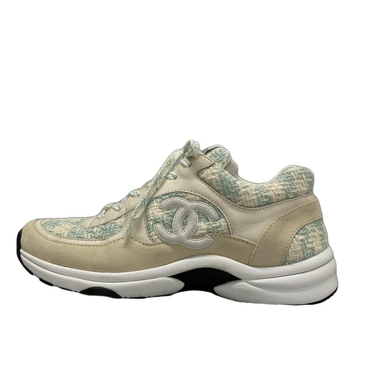 CHANEL Cream Light Green Tweeds Leather Suede Women's Sneakers