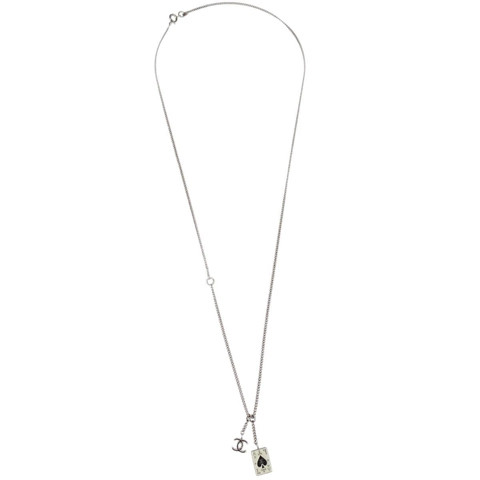 Chanel CC Ace of Spades Card Chain Necklace Pendant Silver 05A