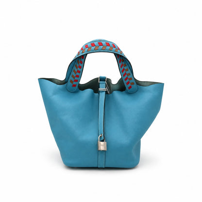 Hermès Leather Tressage de Cuir Picotin Lock 22 Bag Blue SHW