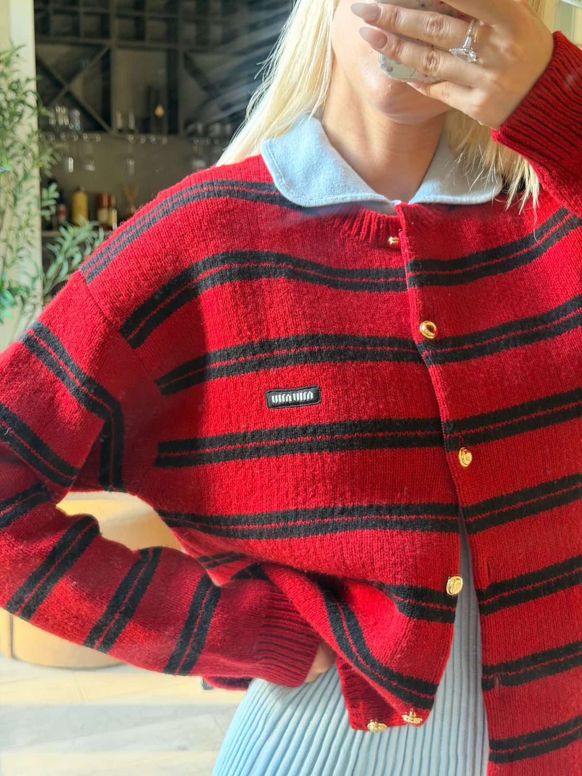 Miu Miu FW24 Red & Black Striped Gold-Button Cardigan